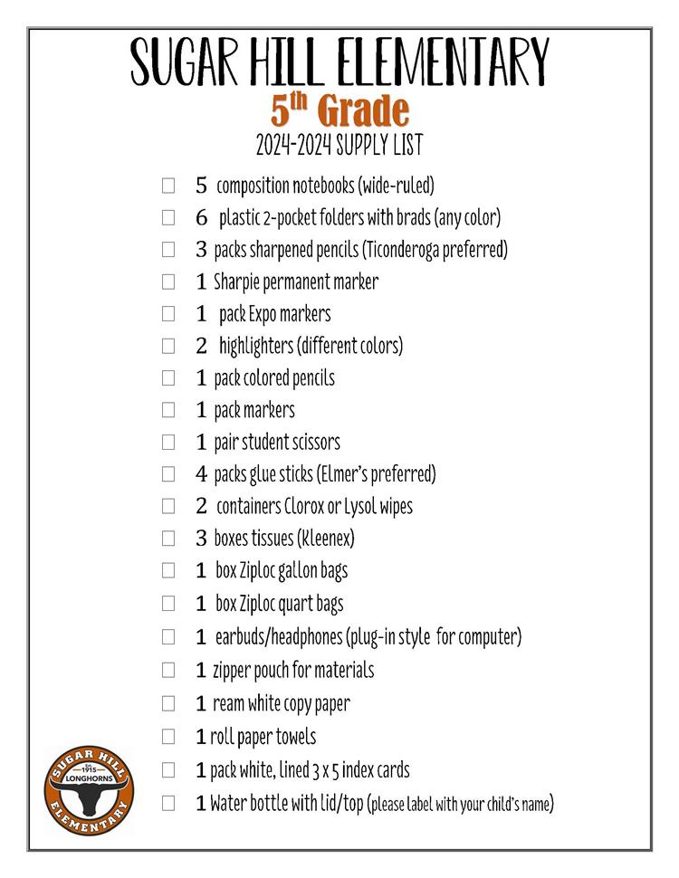 5th Grade Supply List